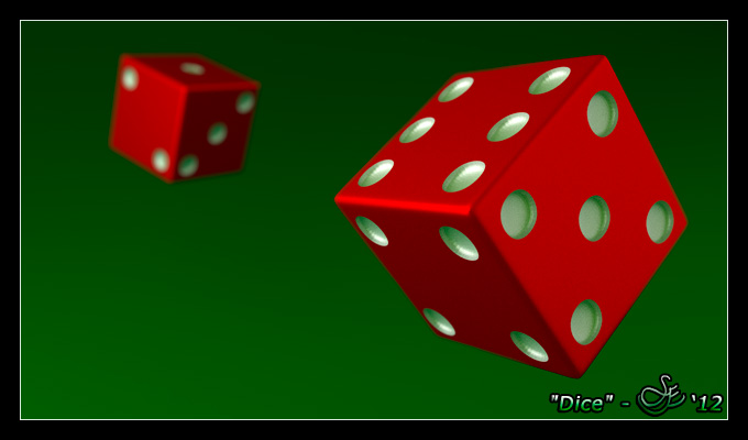 "Dice" - Dec. 27, 2012 Luck of the throw. A pair of dice modeled with beveled edges and extruded pips. Rendered in Blender 2.65 using Cycles.